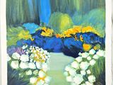 an oil painting of a blue and yellow garden with white flowers