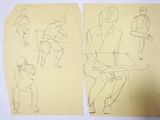 two drawings of a man sitting on a bench and a woman sitting on a chair