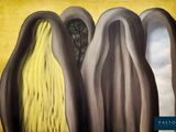 une image représentant un tableau montrant trois vases sur un fond jaune