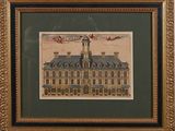an old picture of a large building with a clock tower