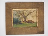 un vieux tableau représentant une scène de vie à la ferme, avec une vache et un arbre