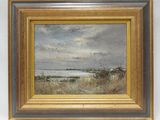un tableau représentant un paysage avec un lac en arrière-plan