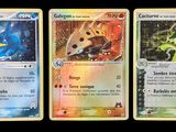 three different pokemon cards are shown on a black background