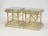 pair of brass and glass side tables with geometric designs