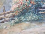 a watercolor painting of a bench and flowers by a fence