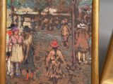 two framed paintings of people and a dog in a park