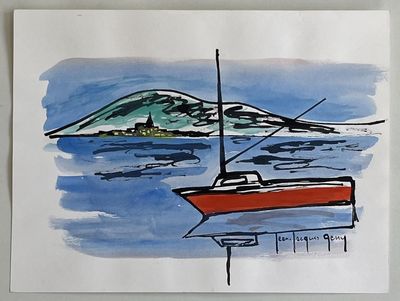 a painting of a boat in the water with a mountain in the background