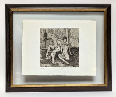 an old black and white drawing of two naked men in a room