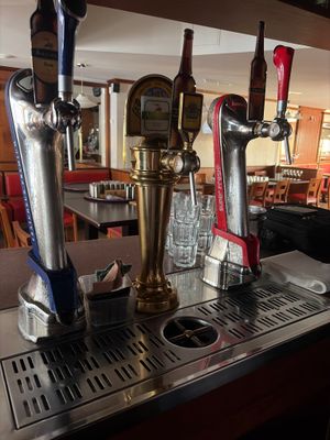 three beer taps on top of a metal counter in a restaurant