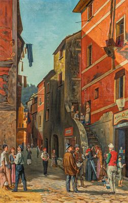 an image of a painting of a street scene with people on the sidewalk