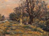 un tableau représentant une femme marchant dans un champ