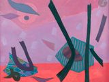 peinture abstraite représentant un ciel rose parsemé de formes bleues et violettes