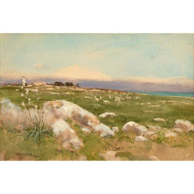 une image représentant un tableau de moutons paissant dans un champ au bord de la mer
