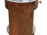 a small ice bucket with a glass top on a wooden stand