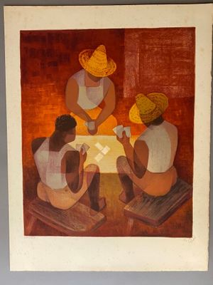 un tableau représentant trois personnes assises à une table
