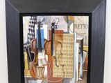 painting of a violin and musical instruments in a black frame