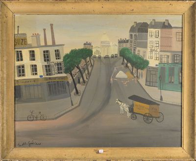 un tableau représentant un cheval et une calèche dans une rue de la ville