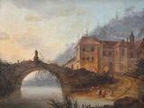 peinture représentant un tableau d'un pont enjambant une rivière, avec un château en arrière-plan