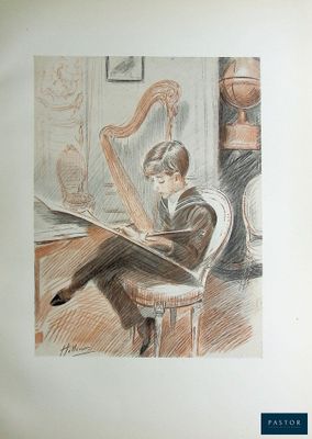 un dessin représentant un homme assis sur une chaise en train de lire un livre