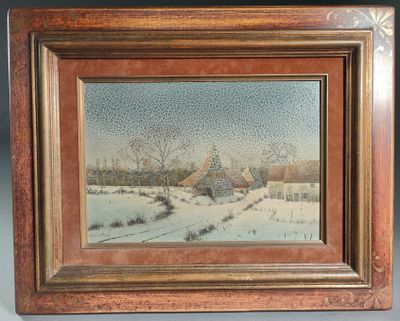 un tableau représentant un paysage enneigé avec une grange en arrière-plan