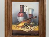un tableau représentant une guitare et un vase posés sur une table