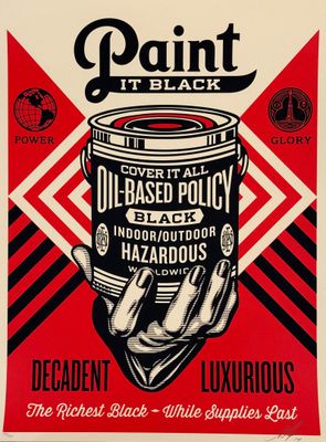 a black and red poster with a hand holding a paint can