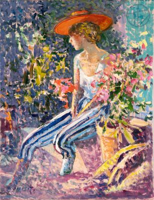 a painting of a woman sitting on a ledge with flowers