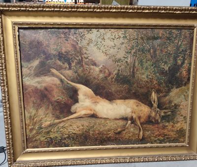 une photo d'un tableau représentant un chien allongé par terre