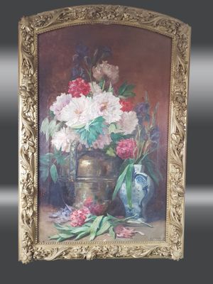 a painting of flowers in a vase on a table