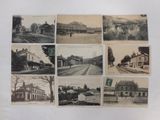 several old black and white photos of a train station and buildings