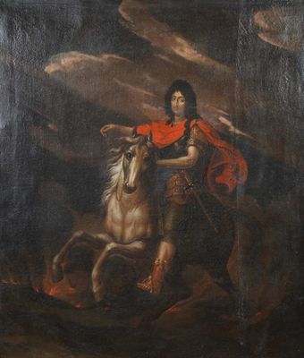 an old painting of a man on a horse with a red cape