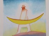 tableau représentant un homme debout au sommet d'une colline, tenant une banane