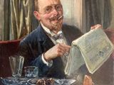 tableau représentant un homme assis à une table en train de lire un journal