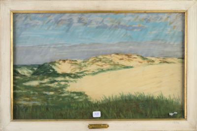 une peinture à l'huile représentant une scène de plage avec de l'herbe et des dunes de sable