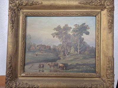 une image d'une peinture de vaches dans un champ