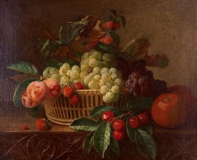 painting of a basket of fruit on a table with cherries, peaches, grapes, and plums