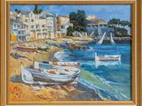 a painting of boats on the beach by the water