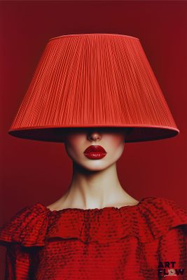 une femme en robe rouge, avec un abat-jour rouge sur la tête