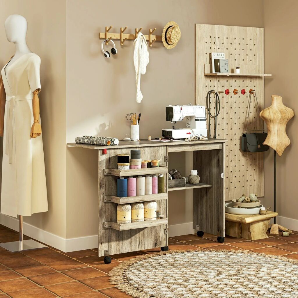 HOMCOM Table de couture pliante meuble couture à abattant av…