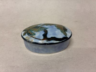 une photo d'une boîte bleue et blanche posée sur une table
