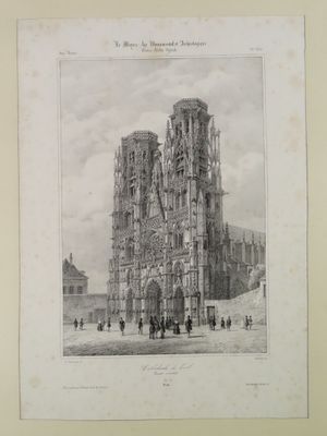 an old drawing of a cathedral with a clock tower in the background