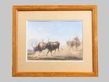 painting of a herd of cattle running across a desert plain