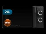 the microwave is black and has two buttons on the side