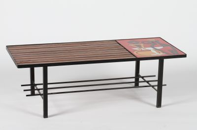 the table is made of wood and metal with a tile top