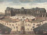 tableau représentant la cour d'un palais avec une fontaine, autour de laquelle se trouvent des personnes