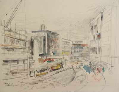 dessin représentant une scène urbaine avec un bus et un immeuble