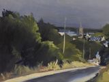 a painting of a road with trees on both sides of it
