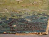 painting of a boat on a body of water with a sky in the background