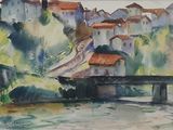 une aquarelle représentant une petite ville au bord de l'eau