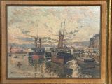 painting of a harbor scene with boats in the water and buildings in the background